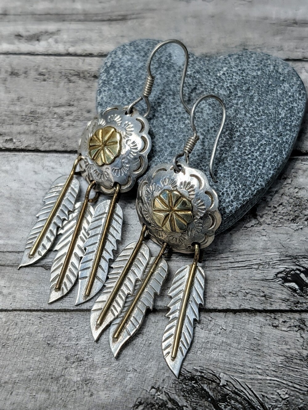 Vintage Taxco Mexico Sterling .925 & Brass Concho Earrings with Feather Dangles